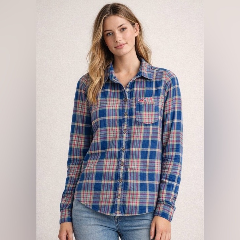 Hollister Women’s Plaid Flannel Button-Up 100% Cotton Shirt Blue & Pink - Large